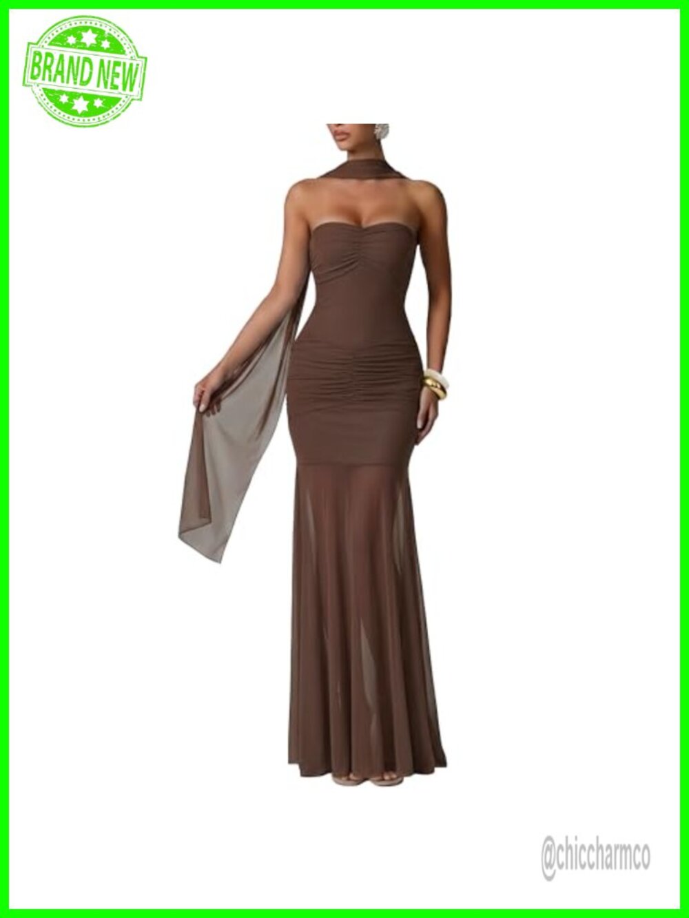Ruched Bodycon Mermaid Maxi Dress with Attached Mesh Neck Scarf